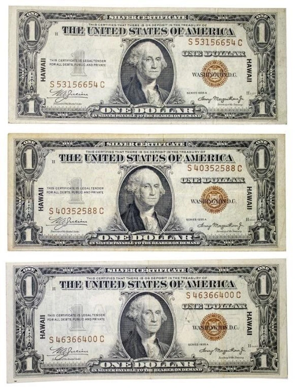 Three 1935-A Hawaii $1 Silver Certificates
