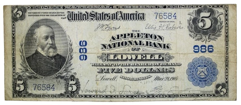 Massachusetts. Lowell VF 1902 $5 National