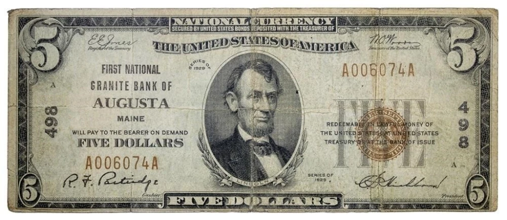 Maine. Series 1929 $5 National Currency