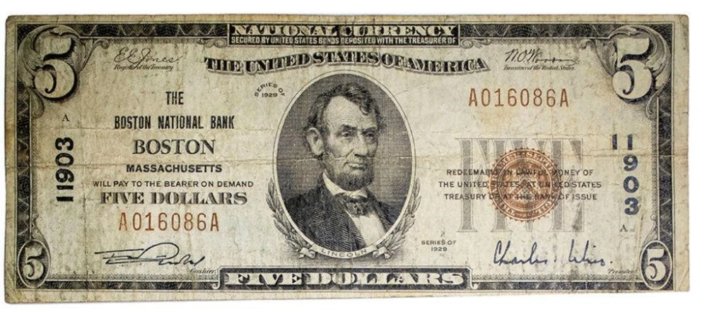 Massachusetts. Series 1929 National Currency $5