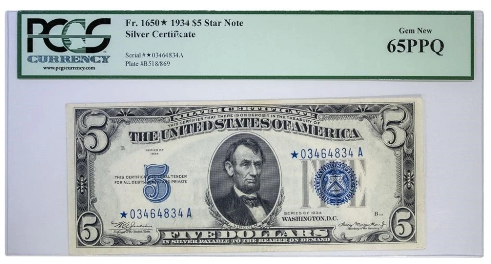 PCGS Gem New-65 PPQ Series 1934 Star Note $5