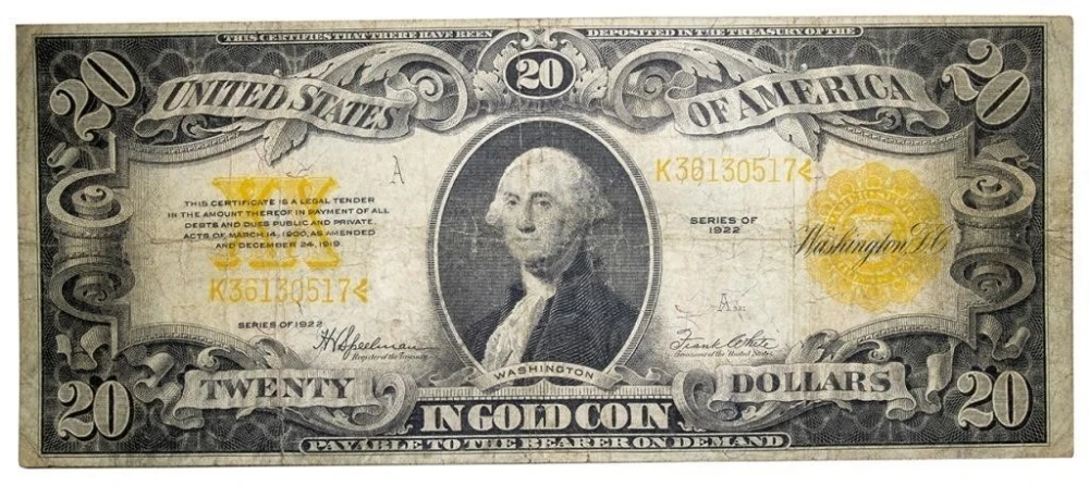 VG Series 1922 $20 Gold Coin Certificate