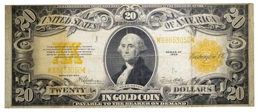 VF Series 1922 $20 Gold Coin Certificate