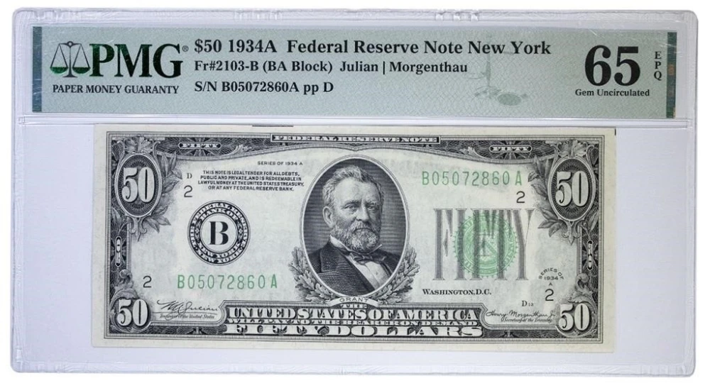 PMG Gem Unc 65 EPQ Series 1934-A $50