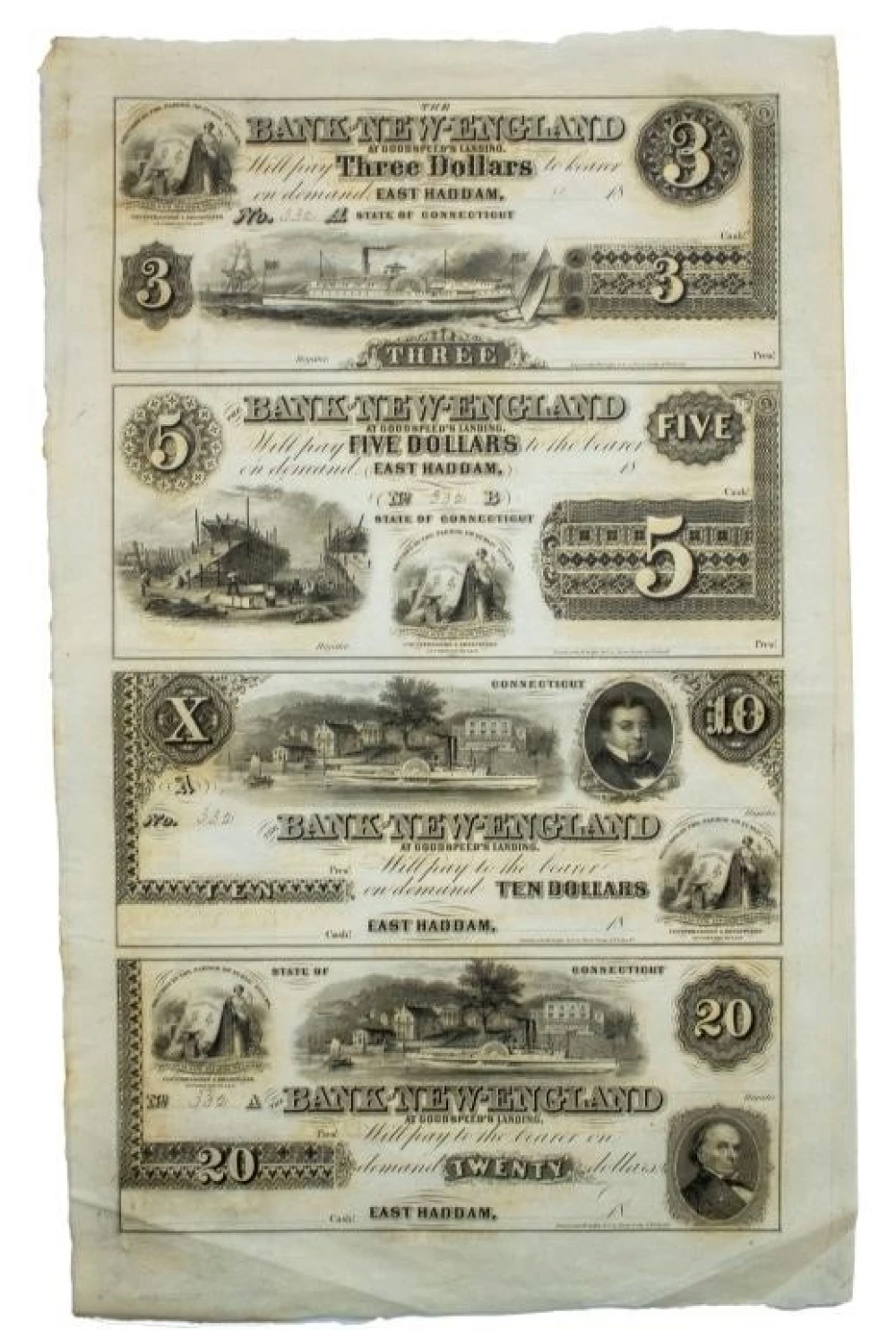 Connecticut. East Haddam 4 Note Uncut Sheet