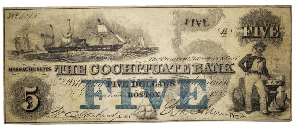 Massachusetts. Boston. VF 1853 $5 Note