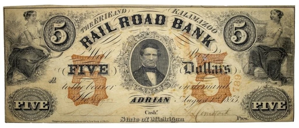 Michigan. Adrian. VF 1853 $5 Note