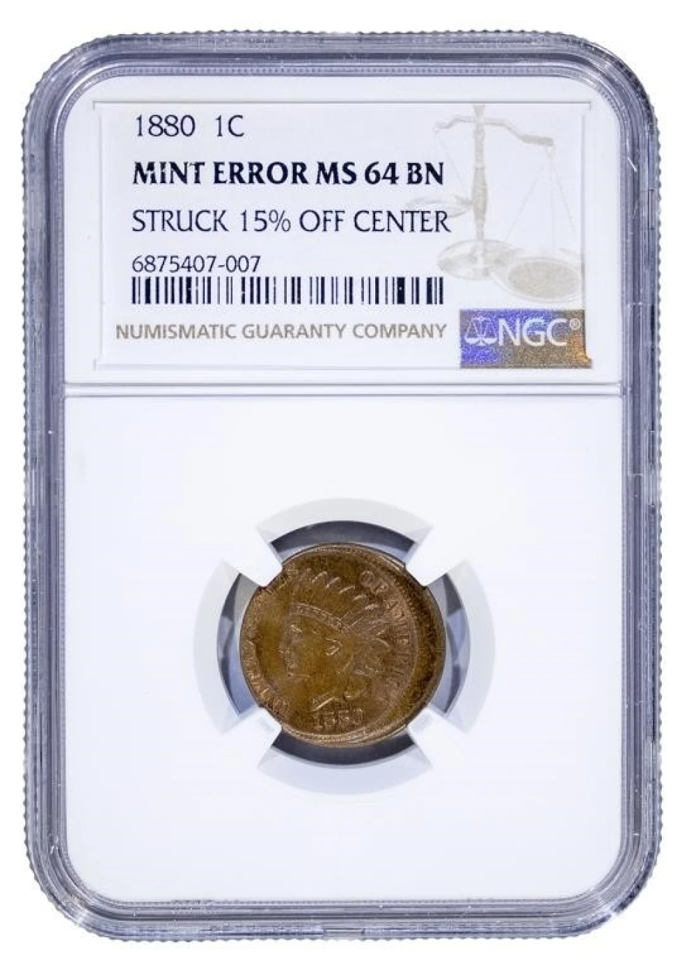 Rare NGC MS-64 BN Off Center 1880 Indian Cent