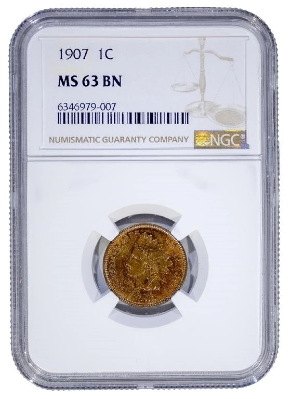 NGC MS-63 BN 1907 Indian Cent