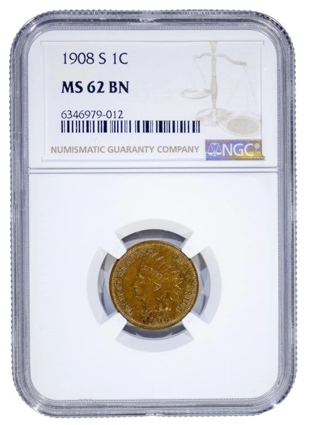 NGC MS-62 BN 1908-S Indian Cent