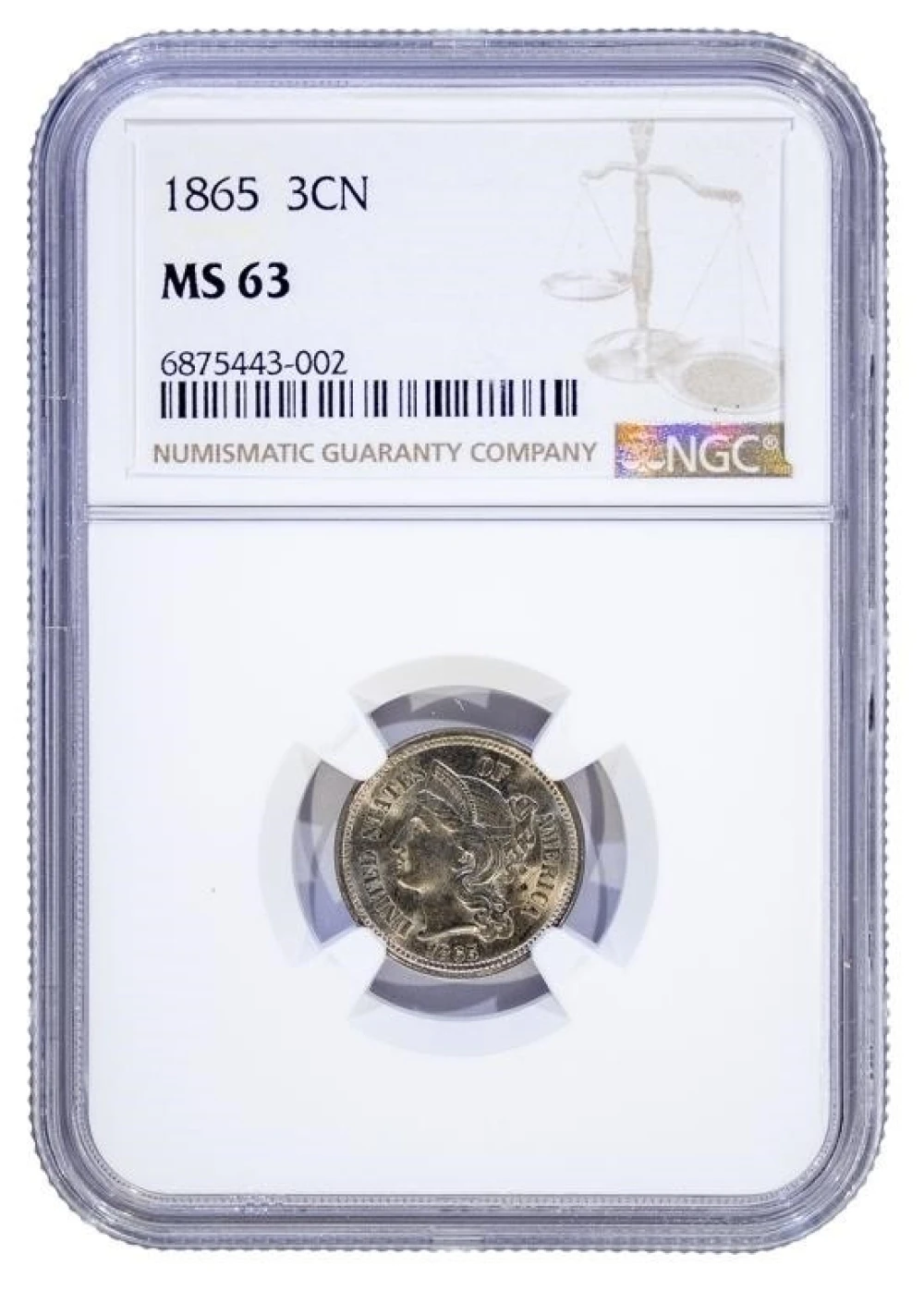 NGC MS-63 1865 Three Cent Nickel