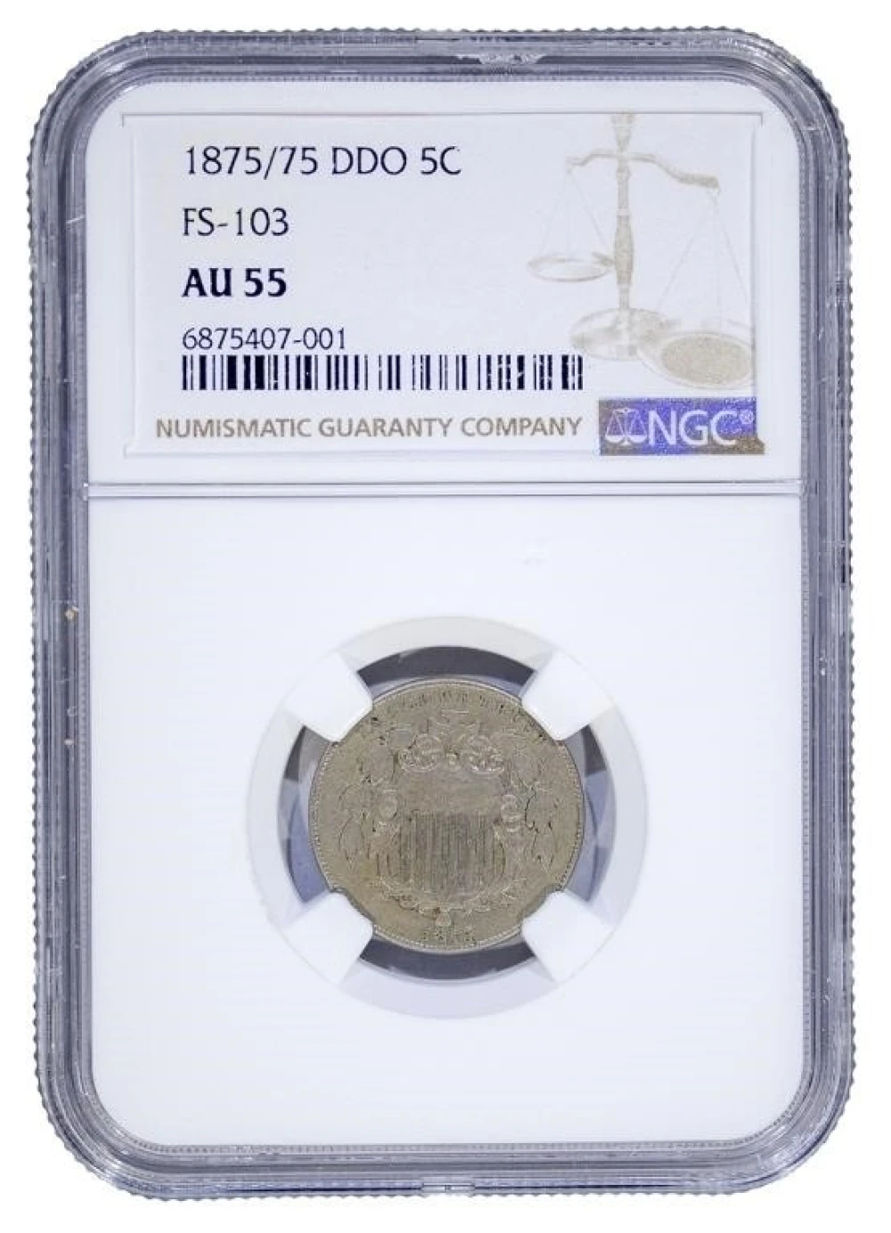 NGC AU-55 1875/75 Double Die Shield Nickel