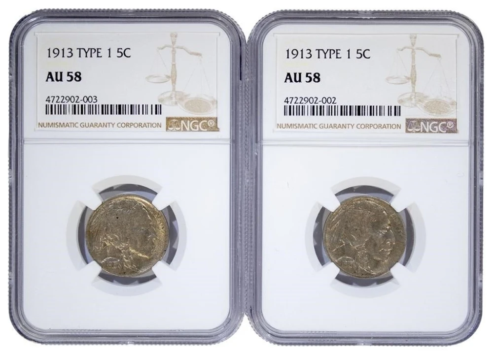 NGC AU-58 1913 Buffalo Nickel Pair