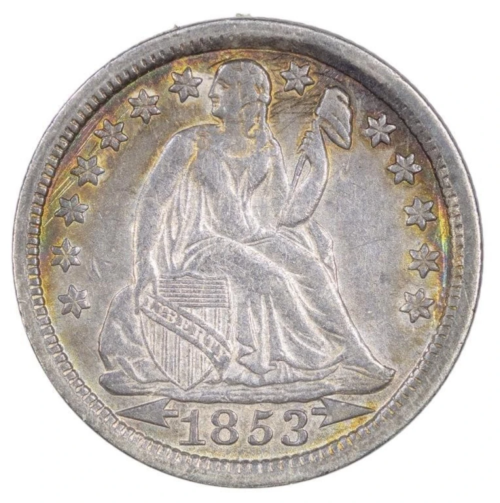 AU-50 Toned 1853 Arrows Dime