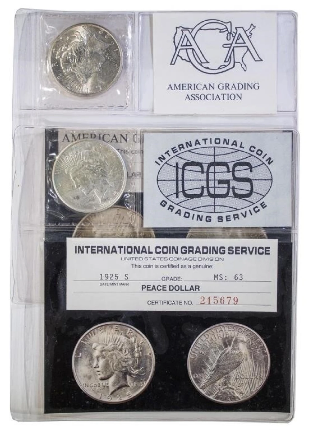 Two Peace Dollars with Older Photo Certificates