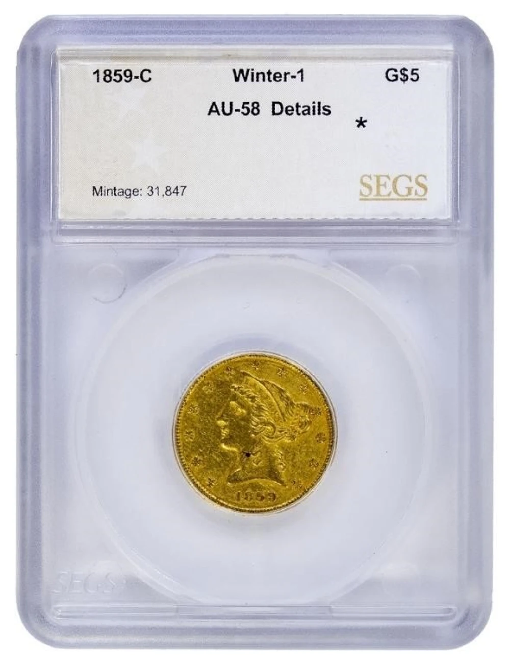 SEGS AU-58 Details 1859-C $5 Gold Liberty