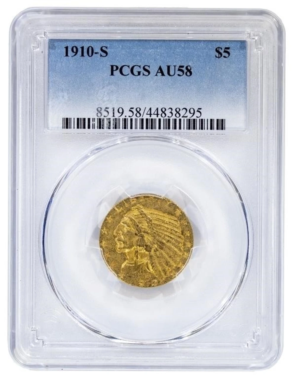 PCGS AU-58 1910-S Gold $5 Indian