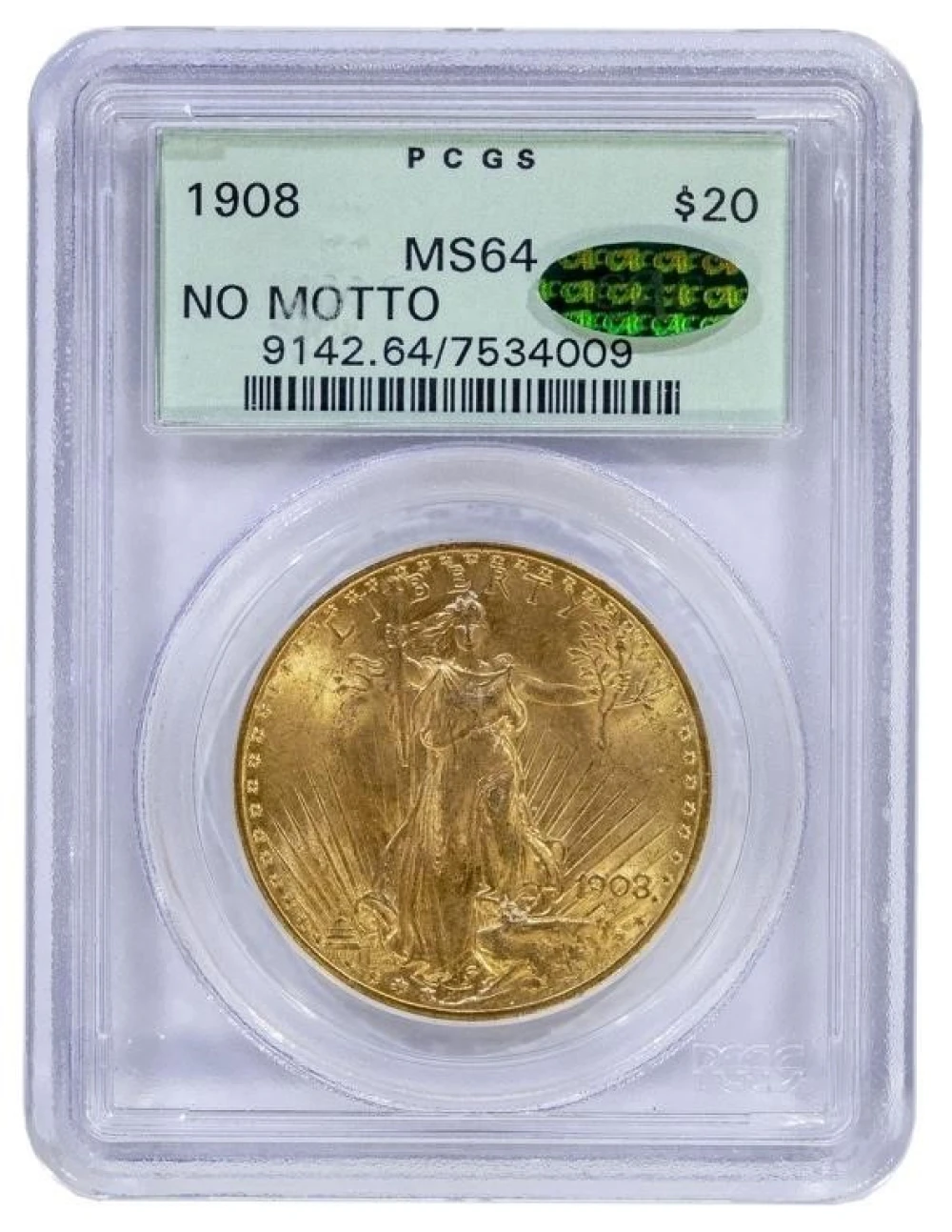 PCGS MS-64 CAC 1908 No Motto Gold $20
