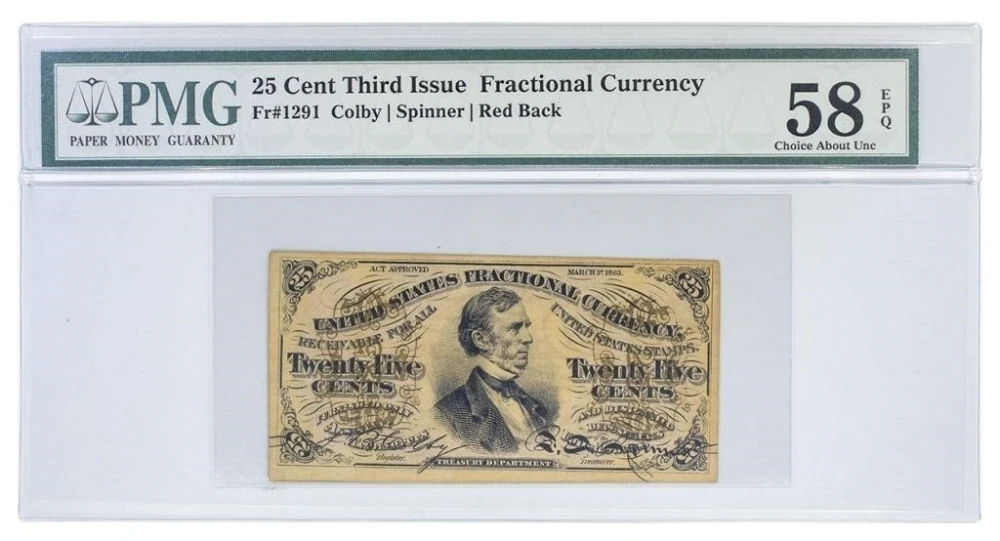 Fractional. PMG AU-58 EPQ 25-Cents Note