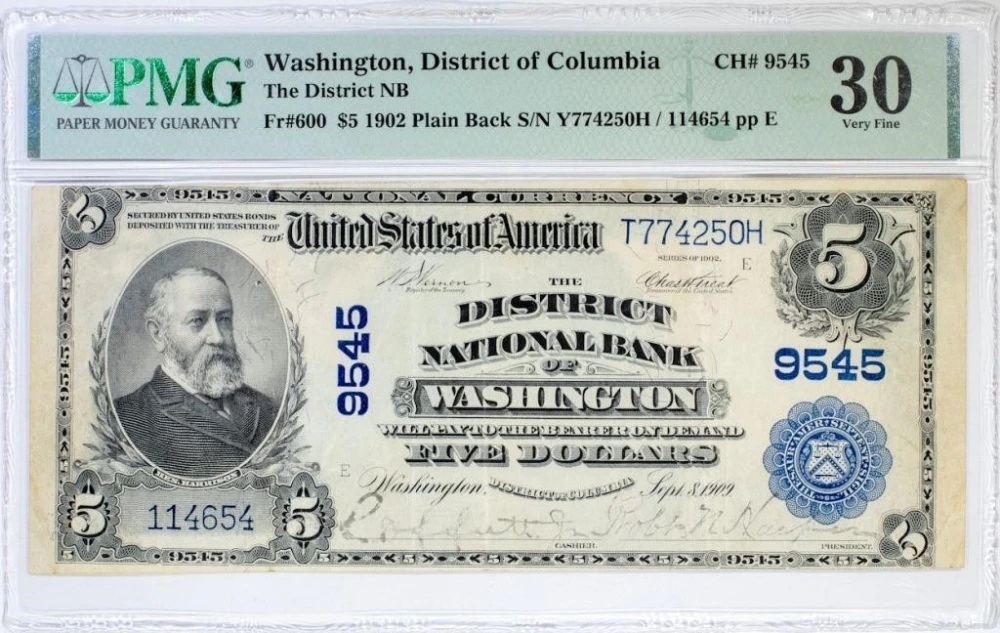 D.C. PMG VF-30 Series 1902 National Currency $5