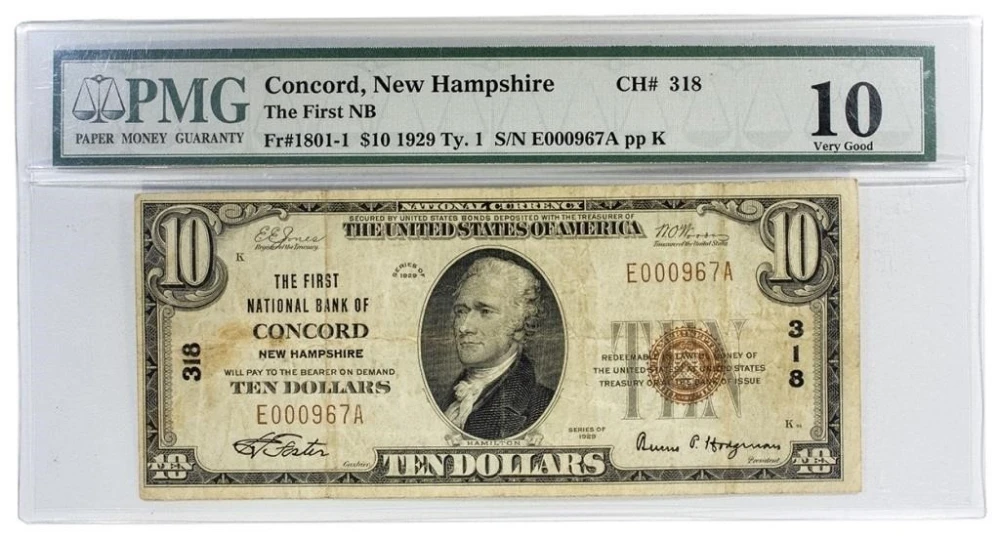 New Hampshire. PMG VG-10 National Currency $10