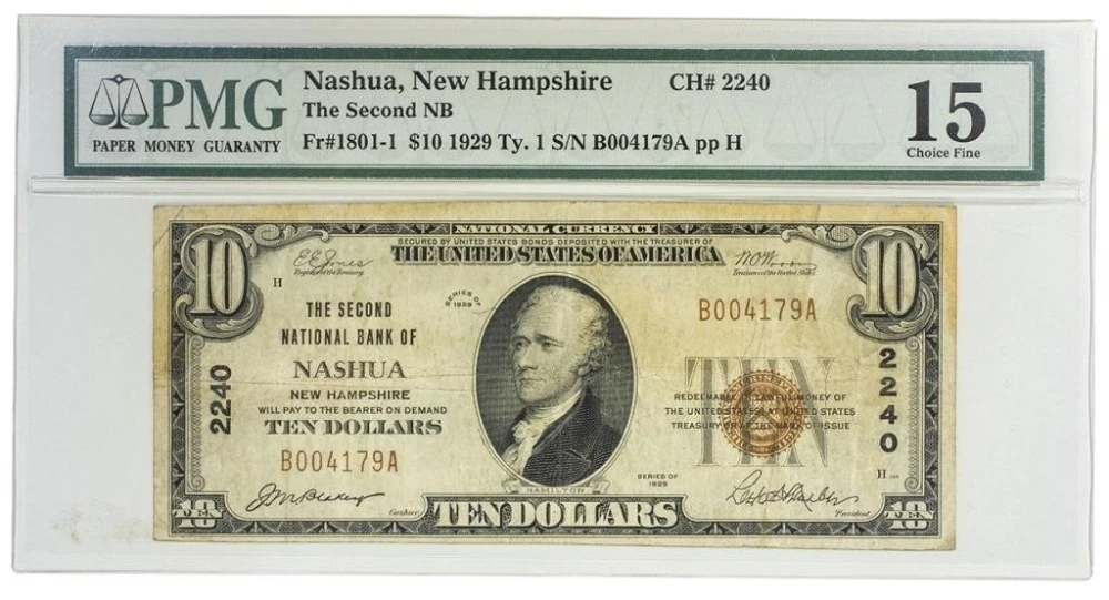 New Hampshire. PMG Fine-15 National Currency $10