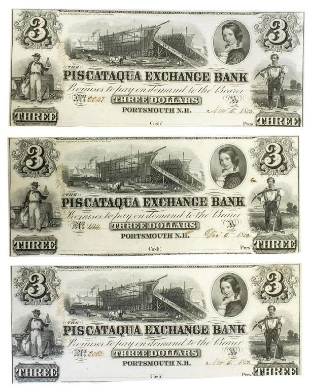 New Hampshire. Portsmouth. Crisp New $3 Notes