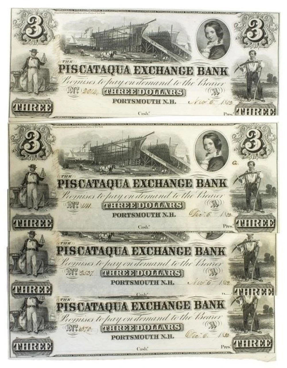 New Hampshire. Portsmouth. Crisp New $3 Notes