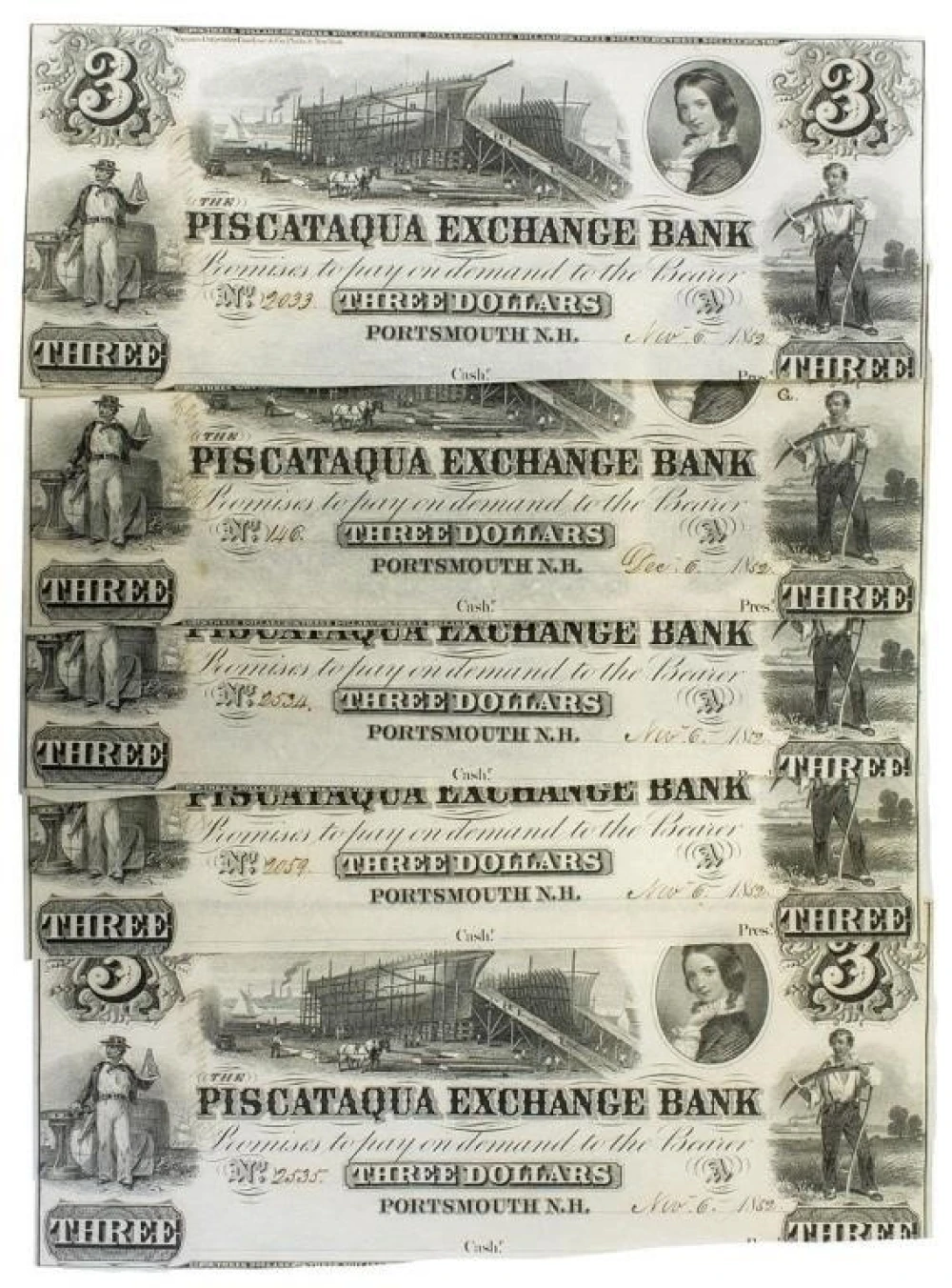 New Hampshire. Portsmouth. Crisp New $3 Notes