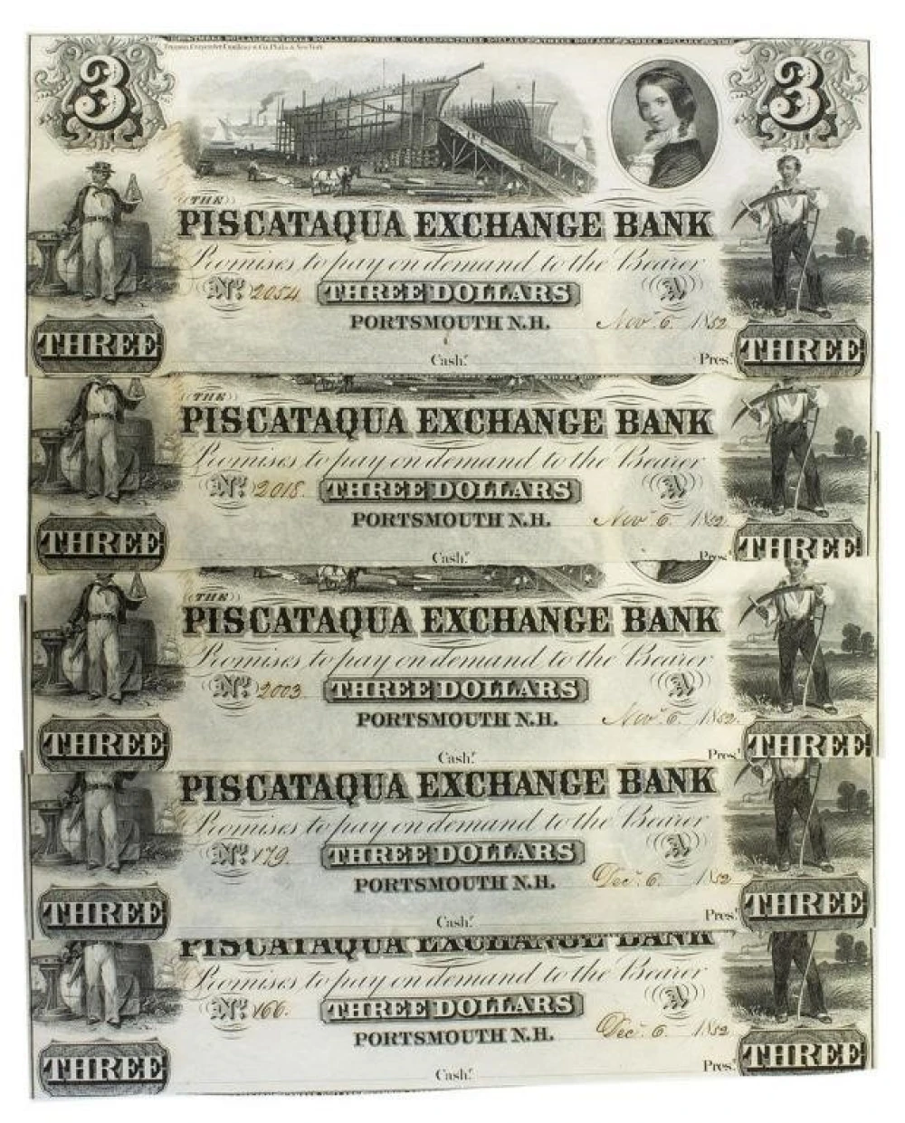 New Hampshire. Portsmouth. Crisp New $3 Notes