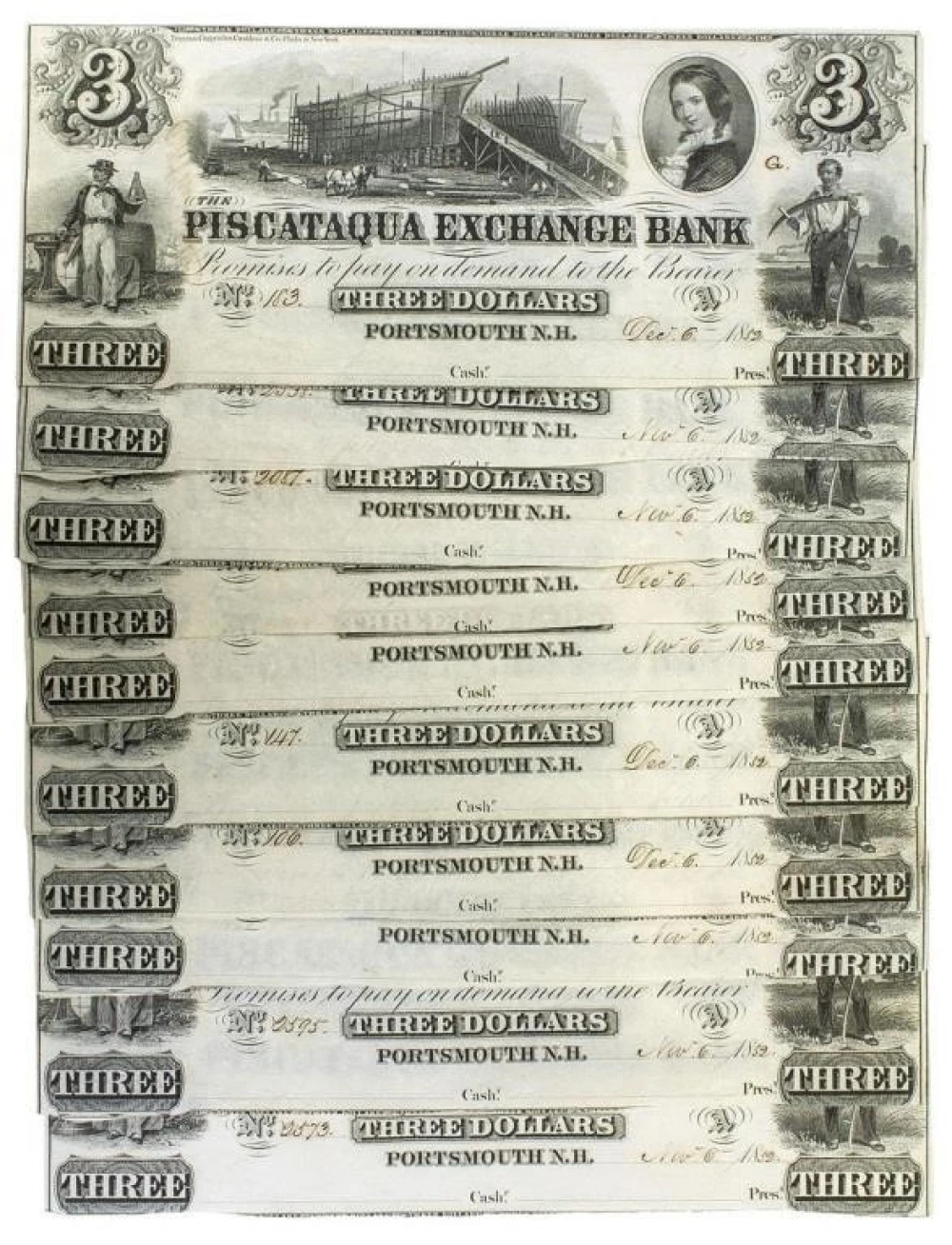 New Hampshire. Portsmouth. Crisp New $3 Notes
