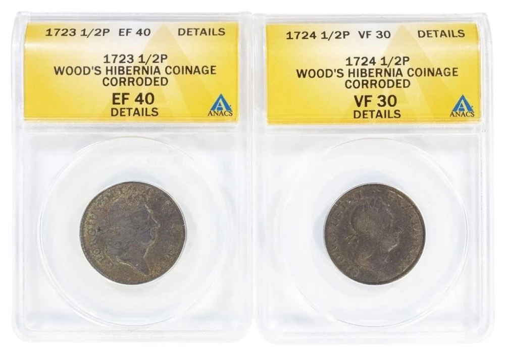 ANACS Details Wood's Hibernia Halfpenny Duo