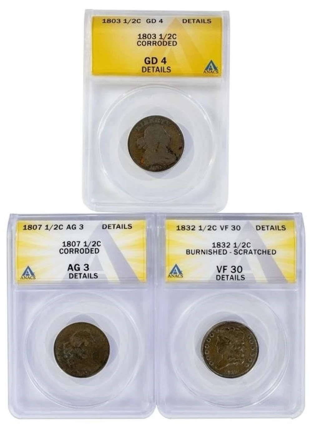 ANACS-Certified Early Half Cents Threesome