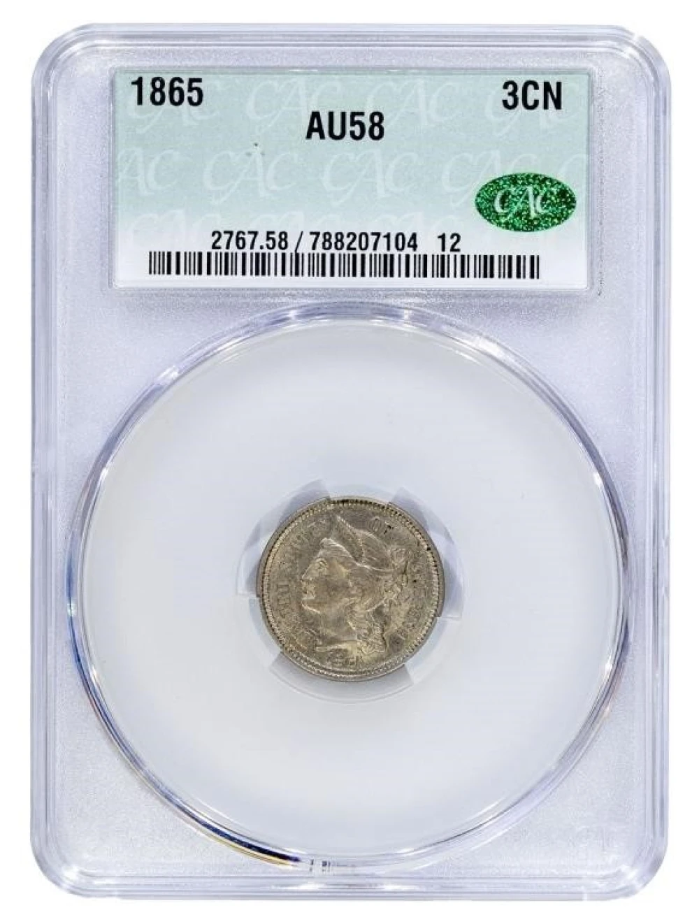 CACG AU-58 1865 Nickel Three-Cents
