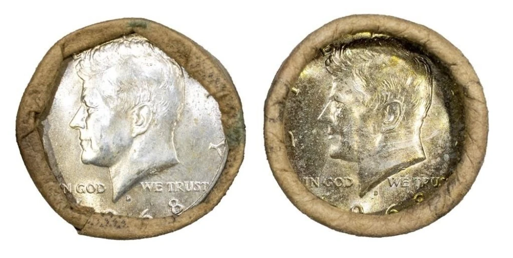 Two Bank-Wrapped Rolls 1968-D Half Dollars