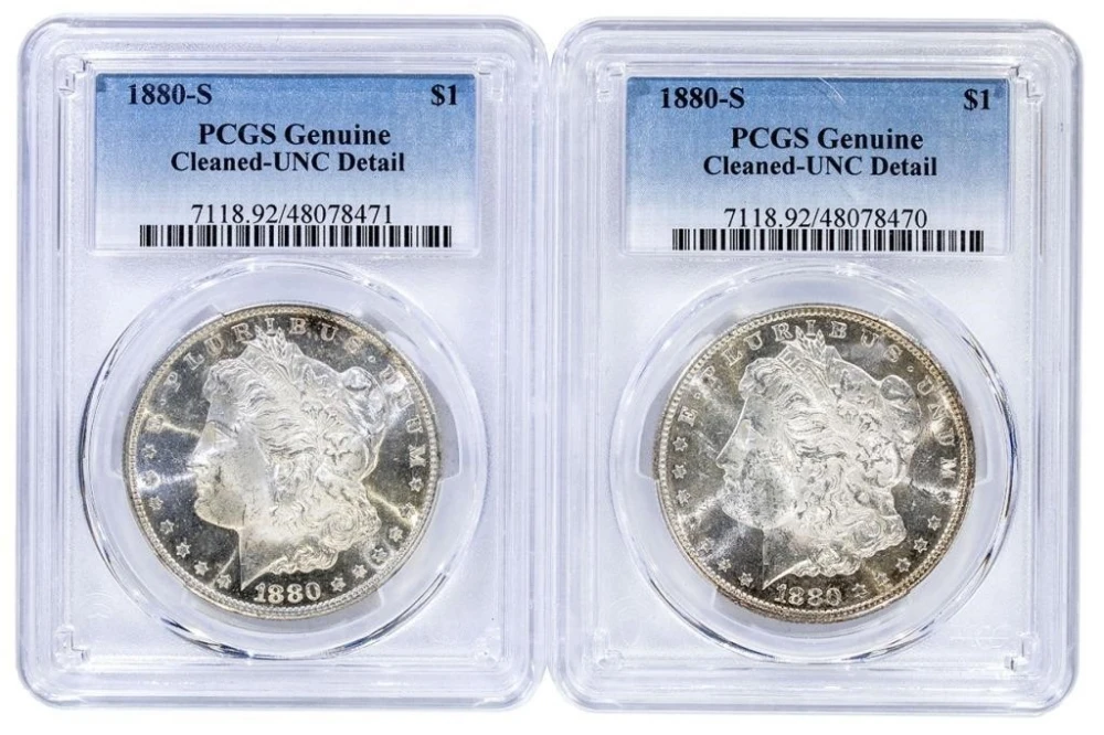 PCGS UNC Details 1880-S Morgan Dollar Duo