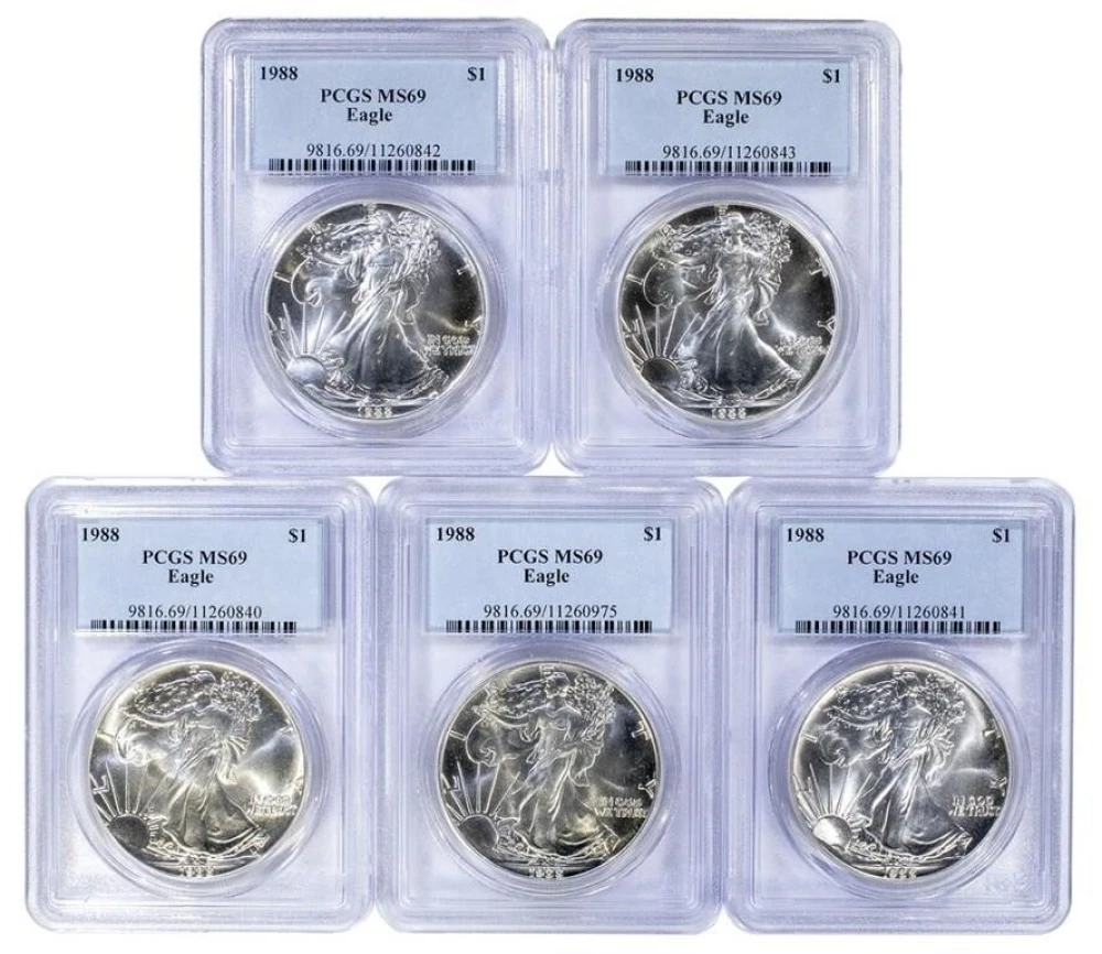 Quintet of PCGS MS-69 1988 Silver Eagles