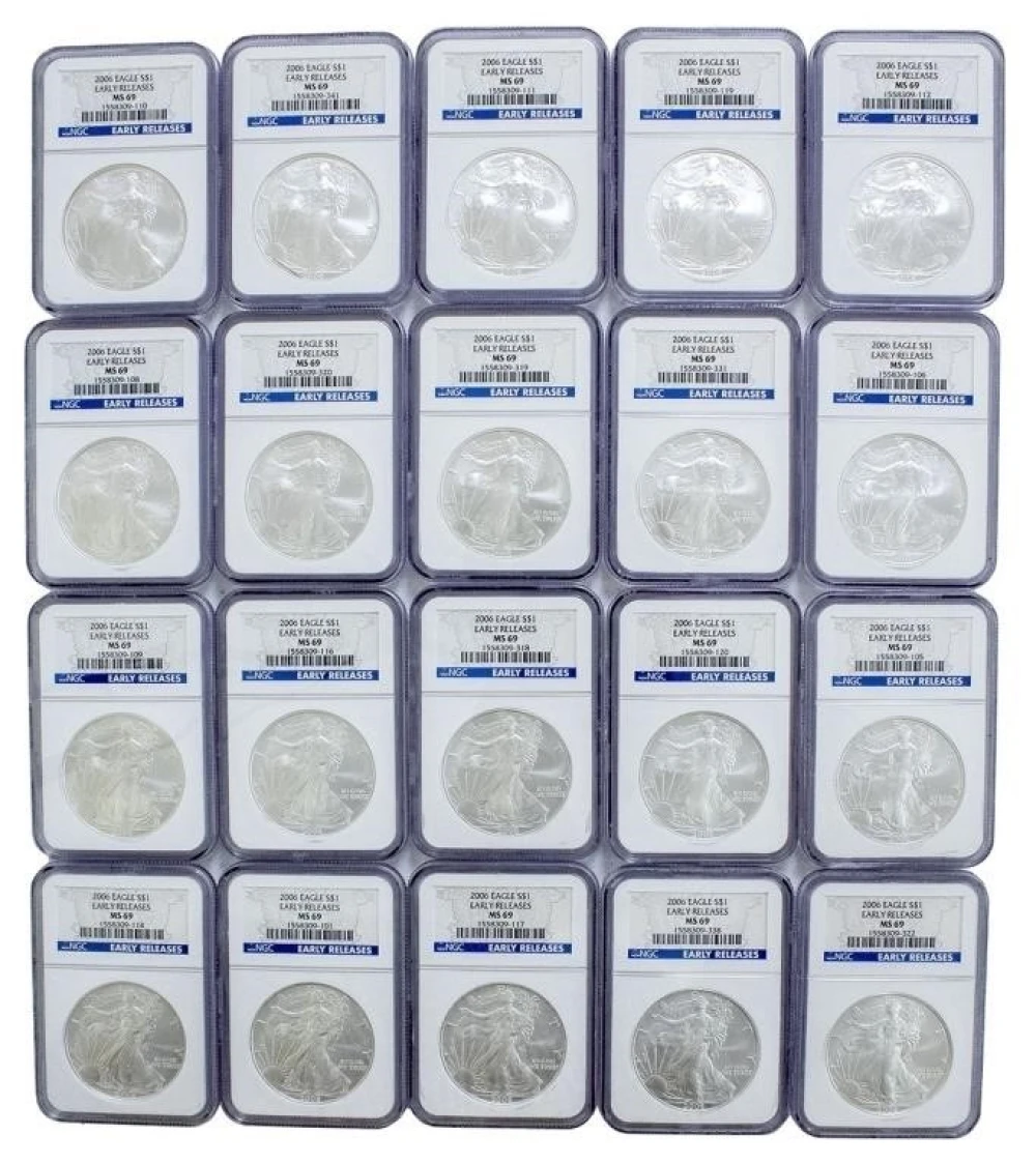 Group of 20 2006 NGC MS-69 ER Silver Eagles