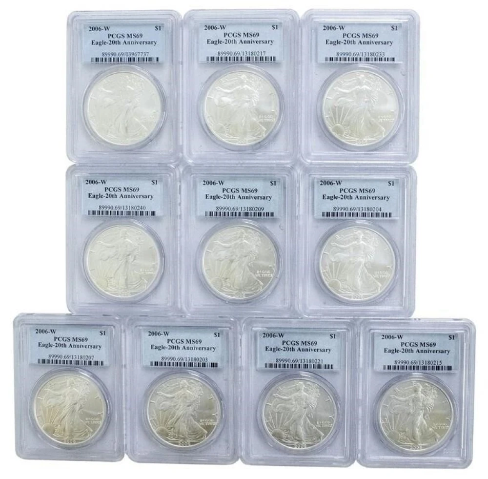 Group of 10 PCGS MS-69 2006-W Silver Eagles