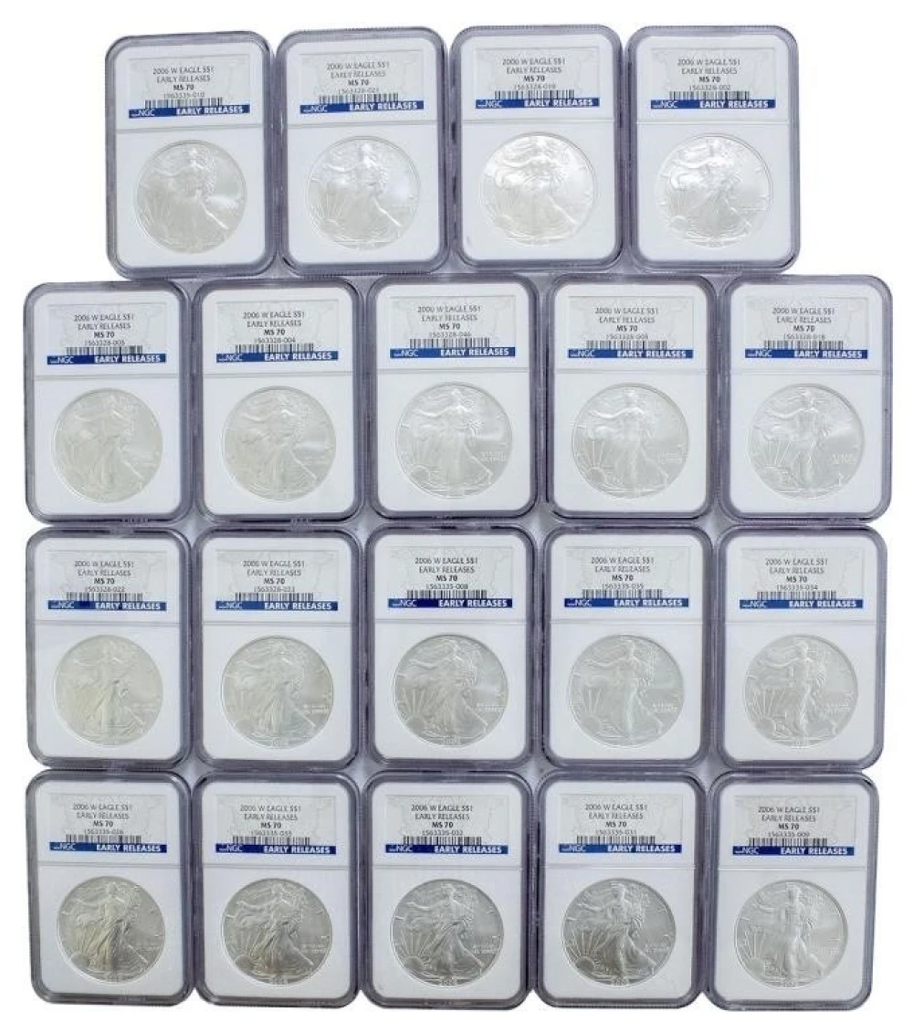 A lot of 19 2006-W NGC MS-70 ER Silver Eagles
