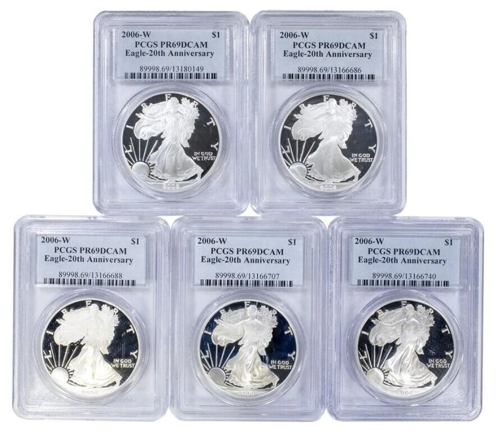 5 PCGS PR-69 DCAM 06-W Proof Silver Eagles