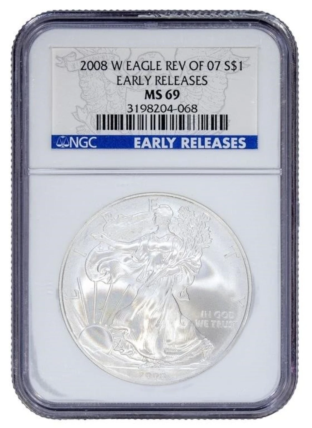 A 6th 08-W NGC MS-69 ER Rev. of '07 Silver Eagle