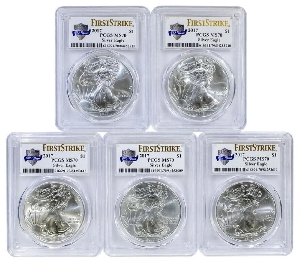 Five PCGS MS-70 First Strike 2017 Silver Eagles.