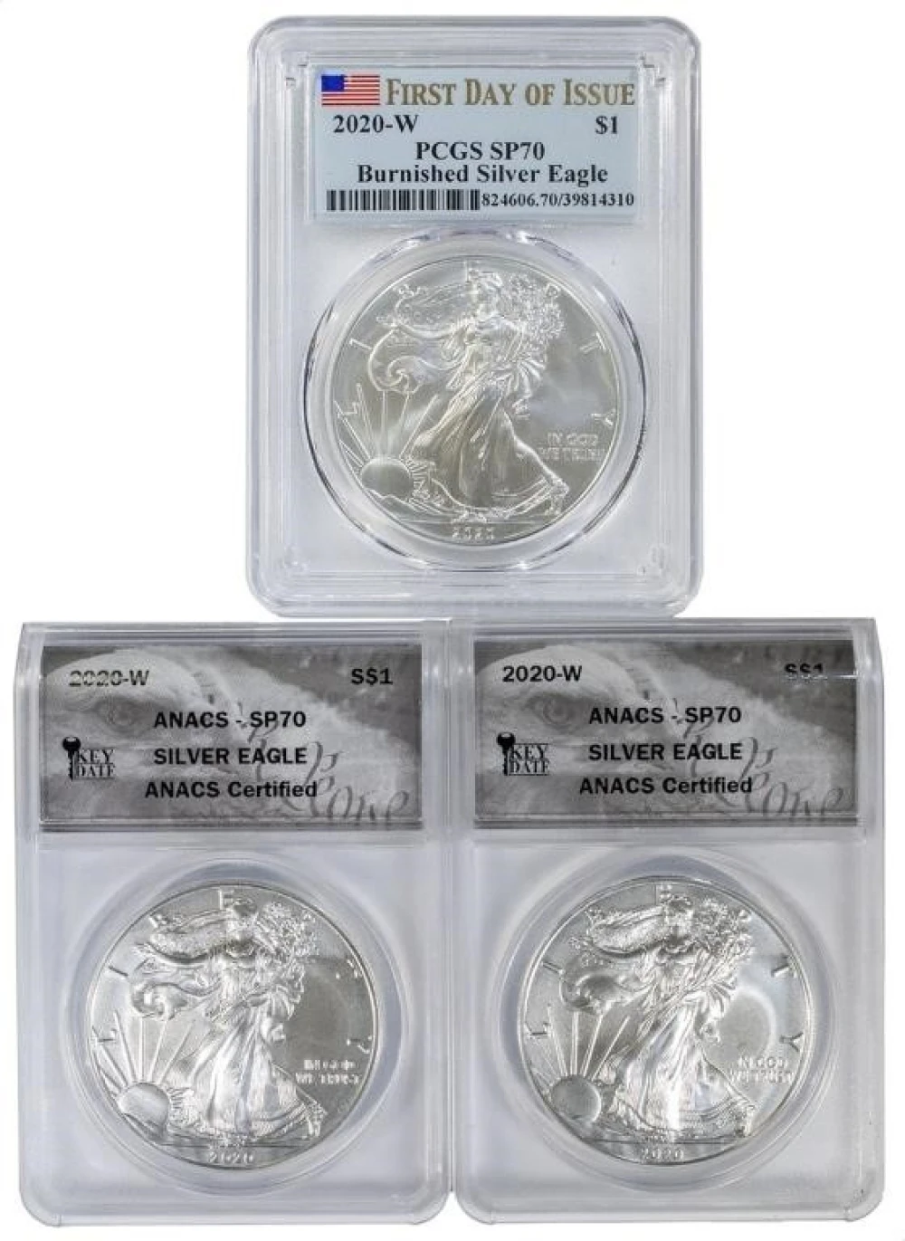 Three SP-70 2020-W Silver Eagles