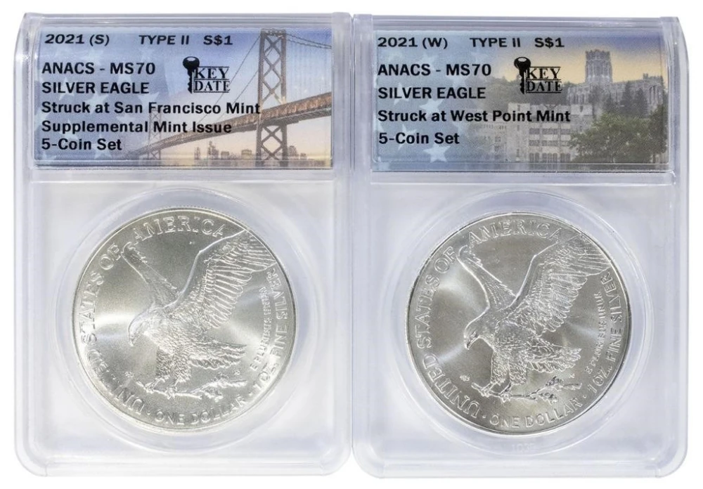 ANACS MS-70 Pair of 2021 TII Silver Eagles
