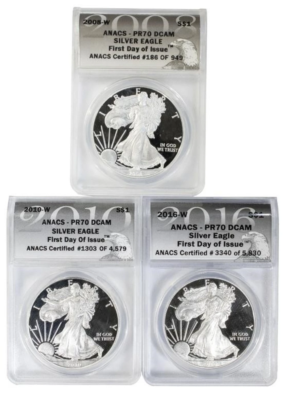 Three Different ANACS 1st Day Proof Silver Eagles