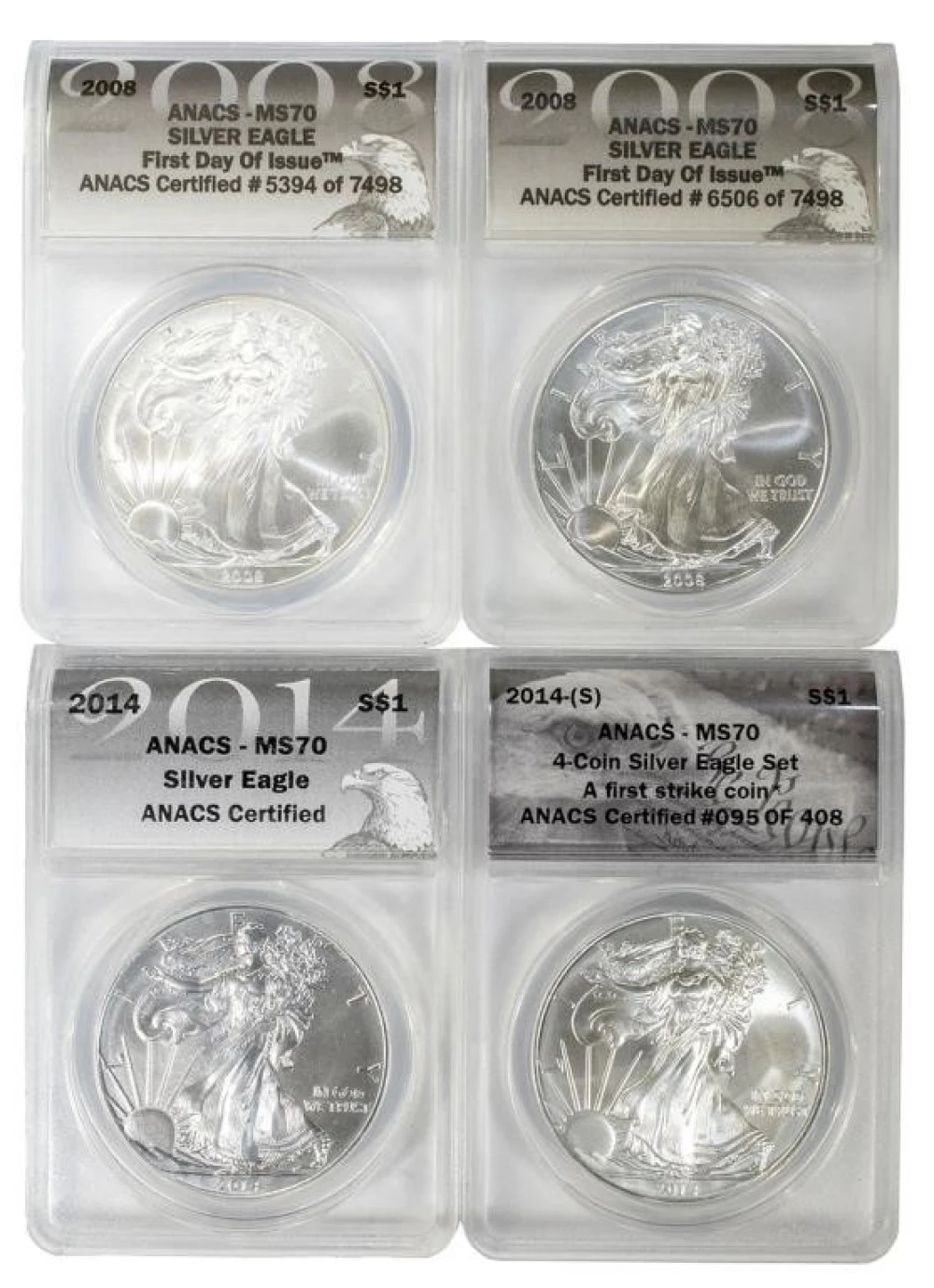 Four ANACS MS-70 Silver Eagles