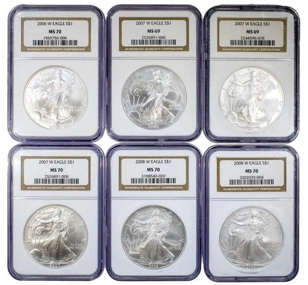 Six NGC MS-70 Burnished Silver Eagles