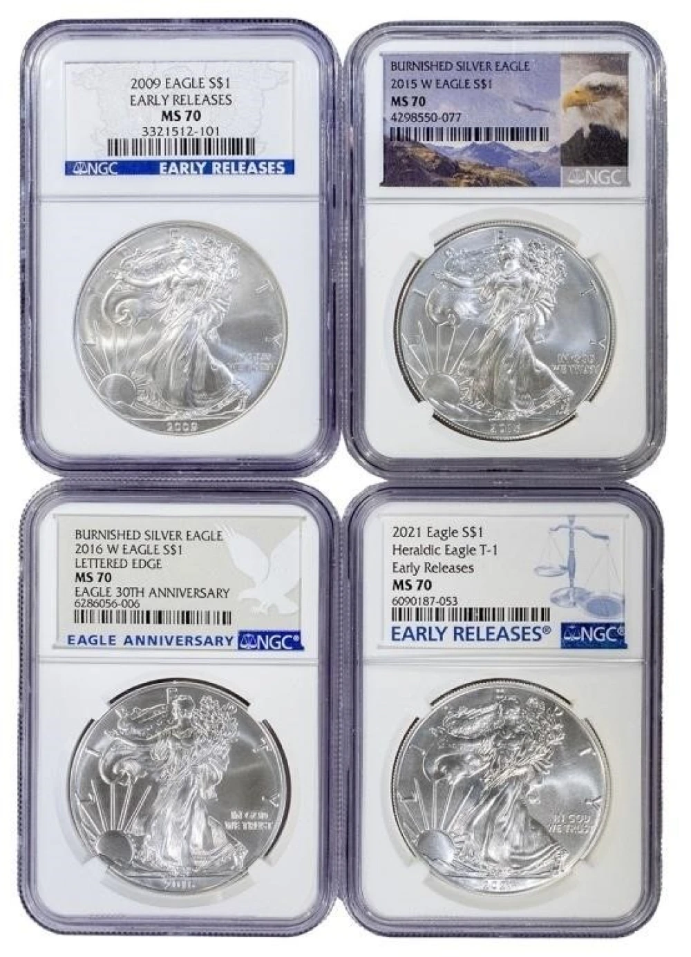 Four Different NGC MS-70 Silver Eagles