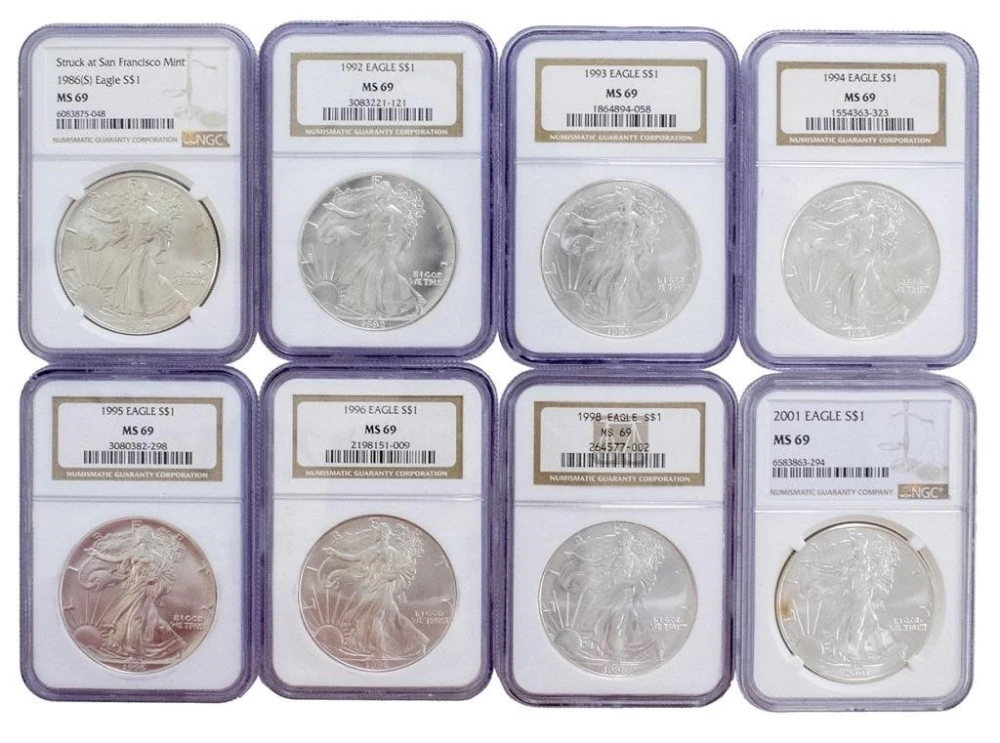 Eight Diff NGC MS-69 Early Date Silver Eagles